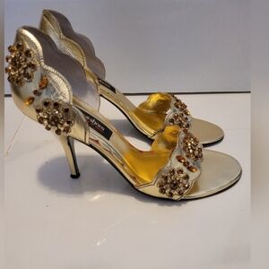 2 for $100 - Town Shoes Women’s 9 Gold Open Toed High Heels with Stones